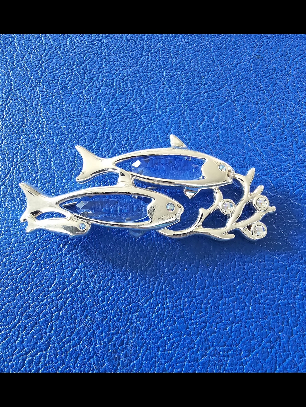 Monet Silver-Tone Double Fish Brooch Blue Crystal Rhinestone Vintage Pin